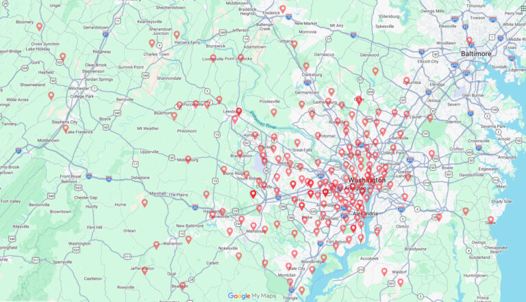 Map showing NOVA Installations completed projects across Loudoun County, Fairfax County, and Greater Northern Virginia in the Washington DC area